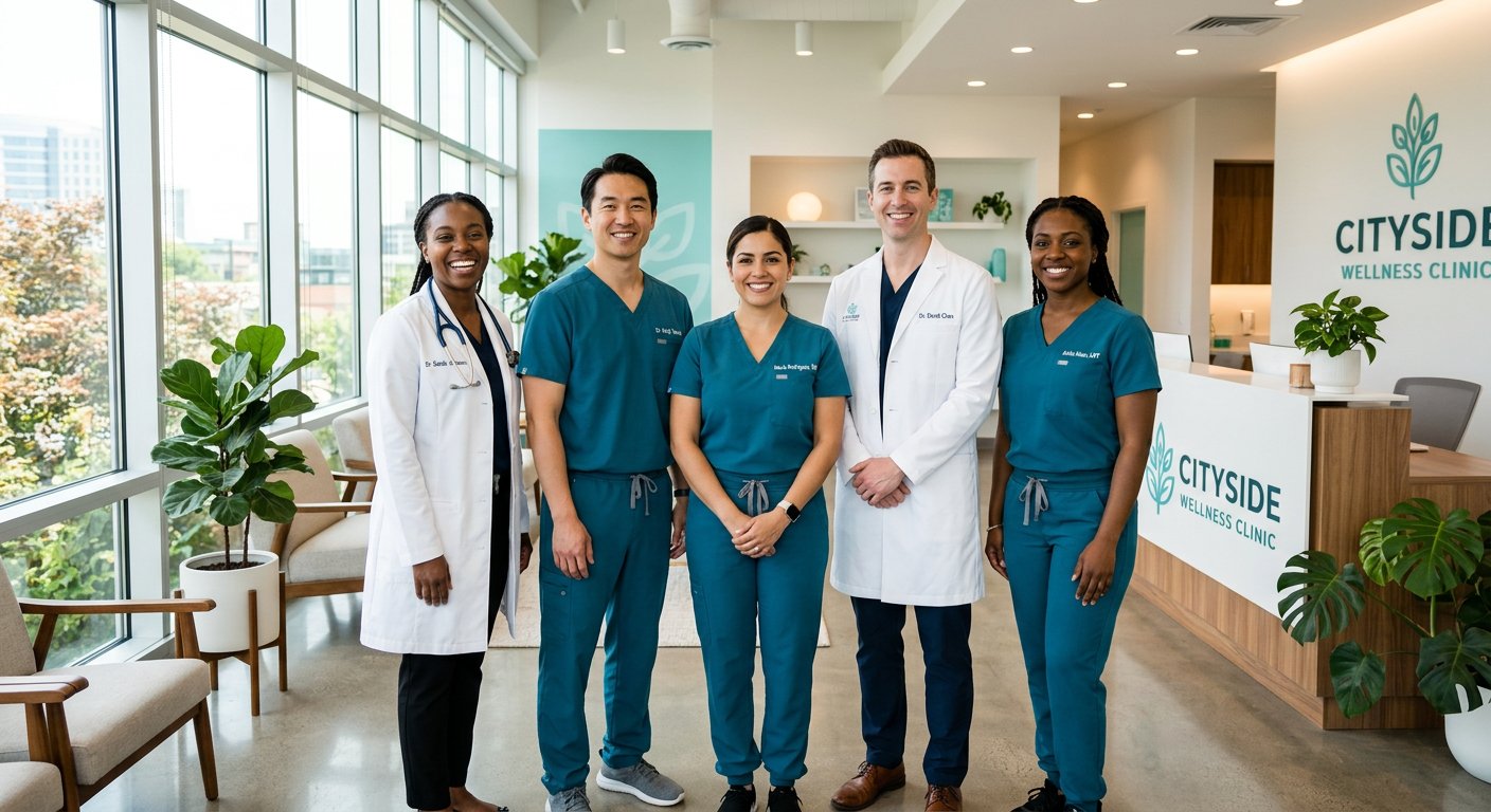 A welcoming team of healthcare professionals at Health Track Hub