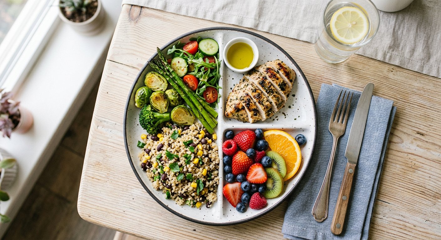 A balanced meal plate with vegetables, grains and protein