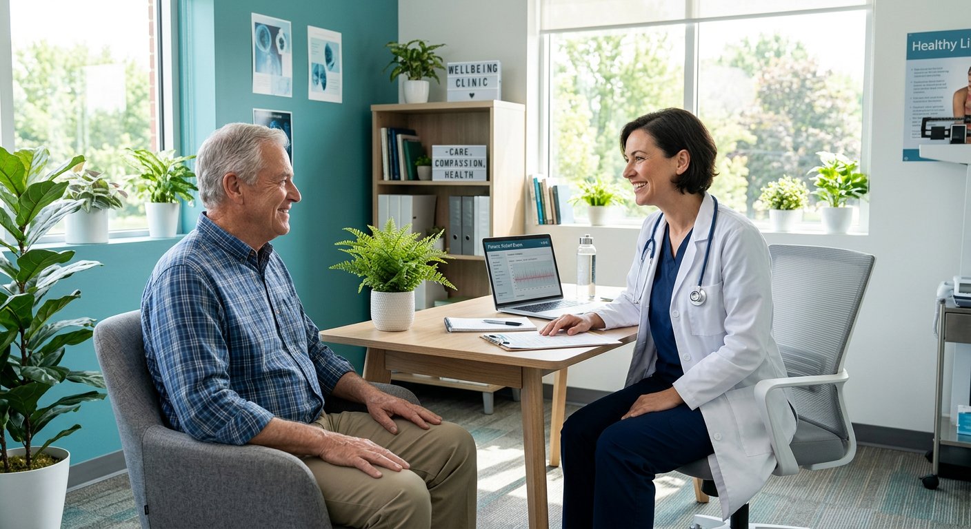 A healthcare professional consulting with a patient in a bright, modern clinic
